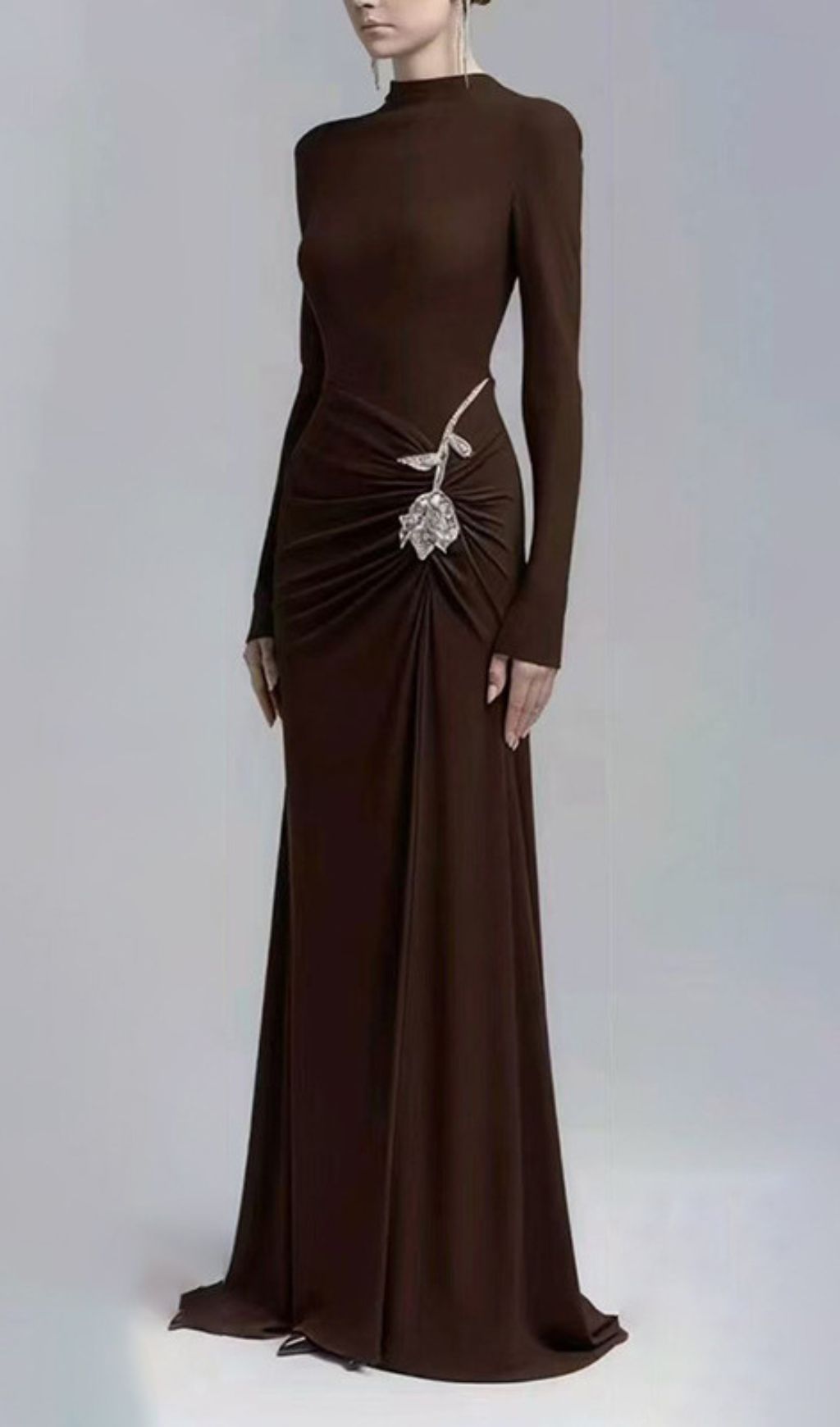 Elegant Merlot Ruched Long Sleeve Maxi Dress with Crystal Flower Embellishment