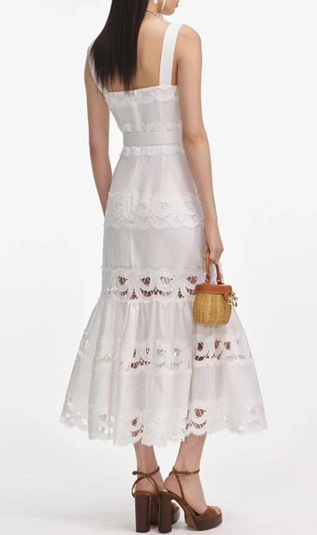 Everly White Embroidery Belt Midi Dress
