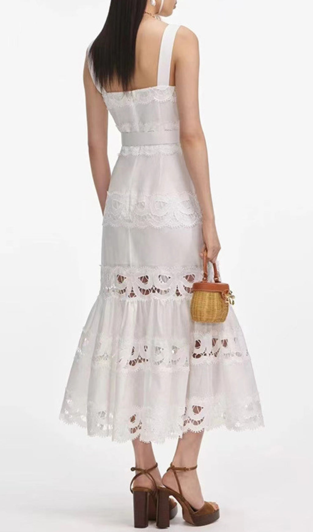 Everly White Embroidery Belt Midi Dress