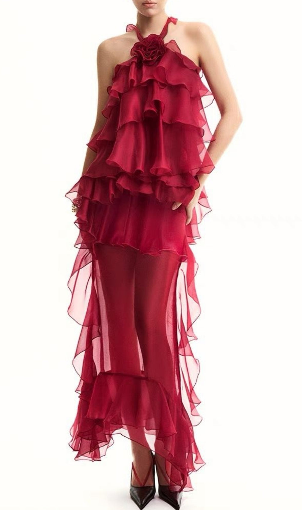 Eleri Red Flower Ruffle Maxi Dress