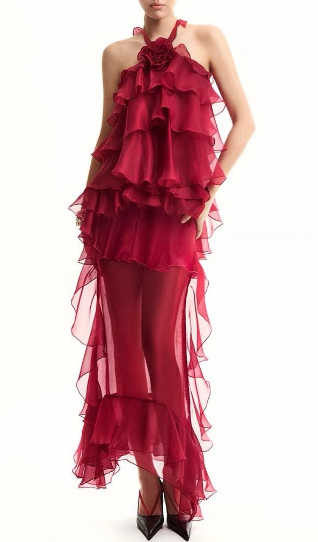 Eleri Red Flower Ruffle Maxi Dress