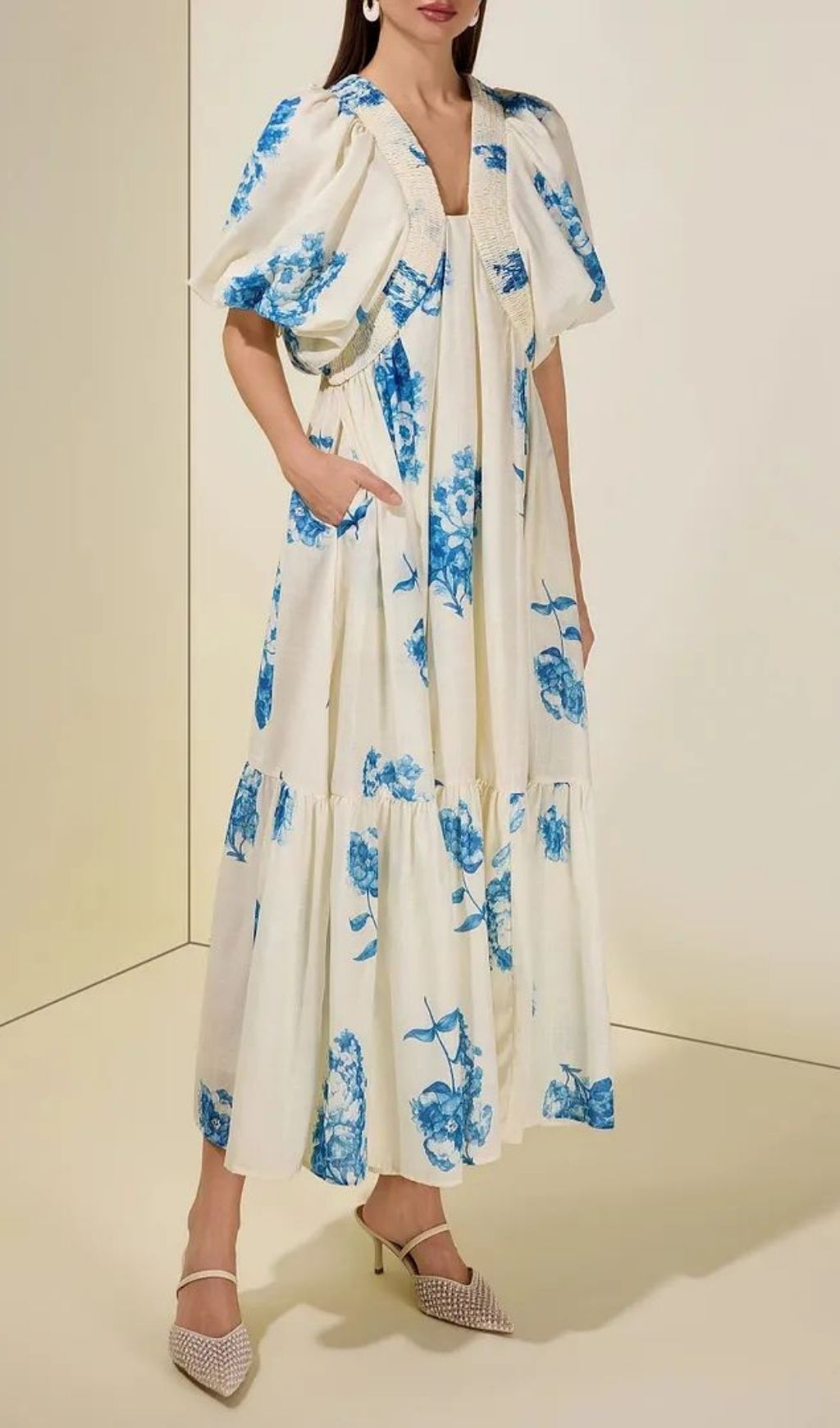 Susie Print Smocking Puff Sleeve Midi Dress - Blue