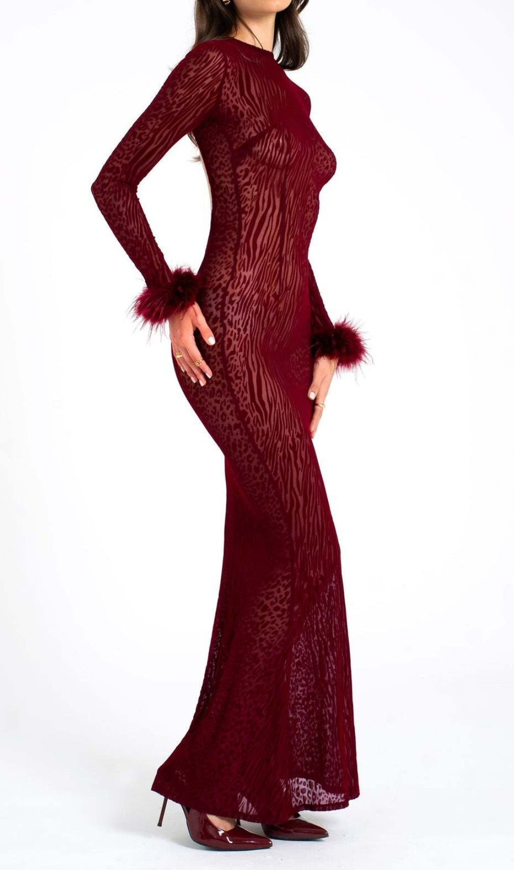 Cascata Wine Mesh Feather Maxi Dress
