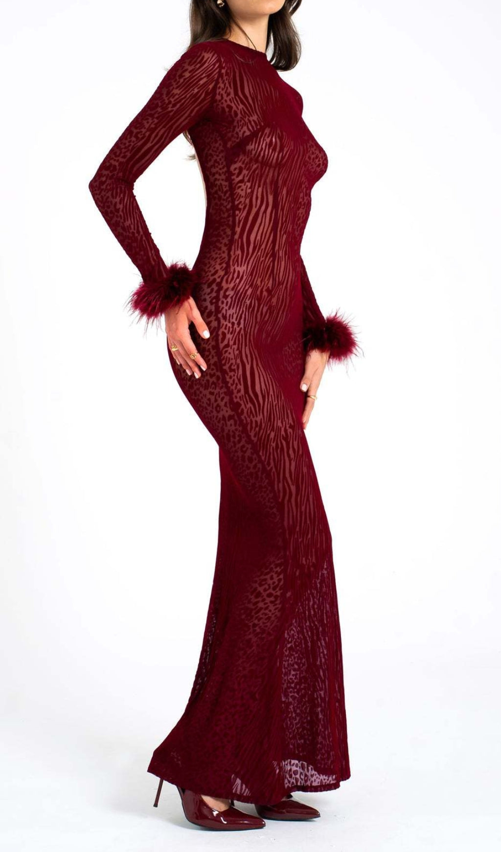 Cascata Wine Mesh Feather Maxi Dress