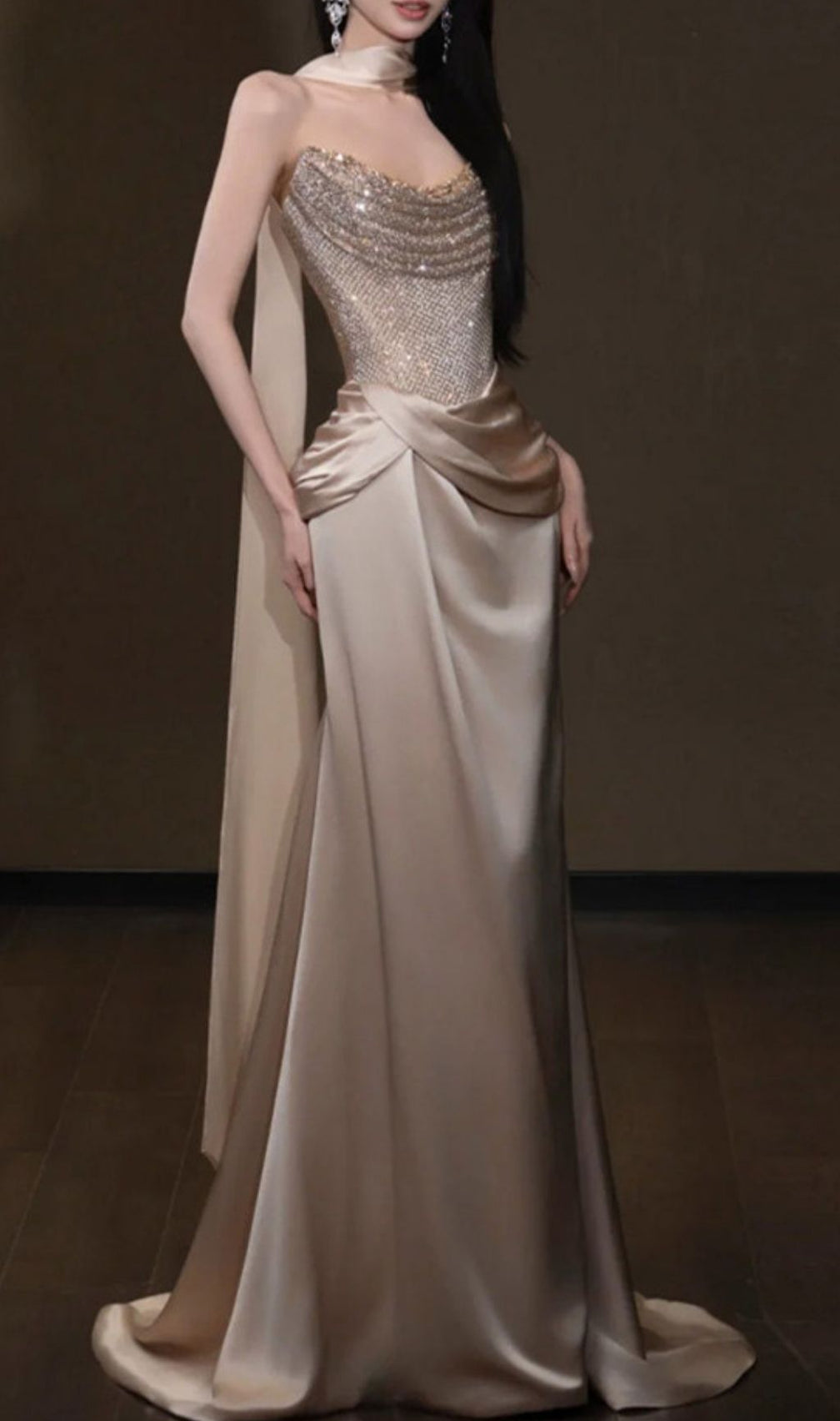Krystal Champagne Strapless Ruched Maxi Dress
