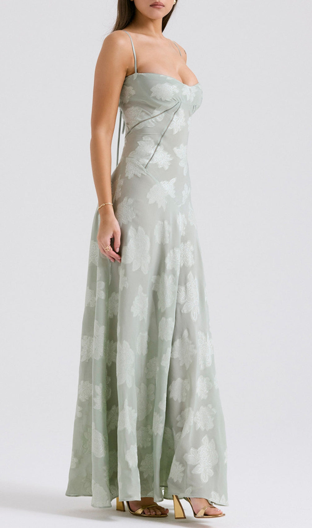 Billie Pistachio Floral Lace Back Maxi Dress