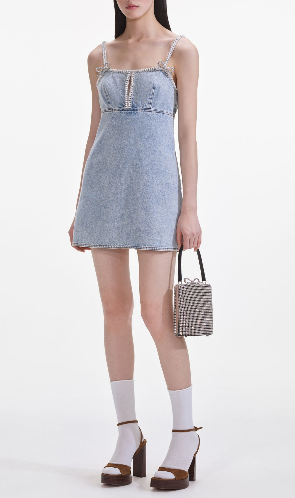 Light Blue Denim Pearl Mini Dress