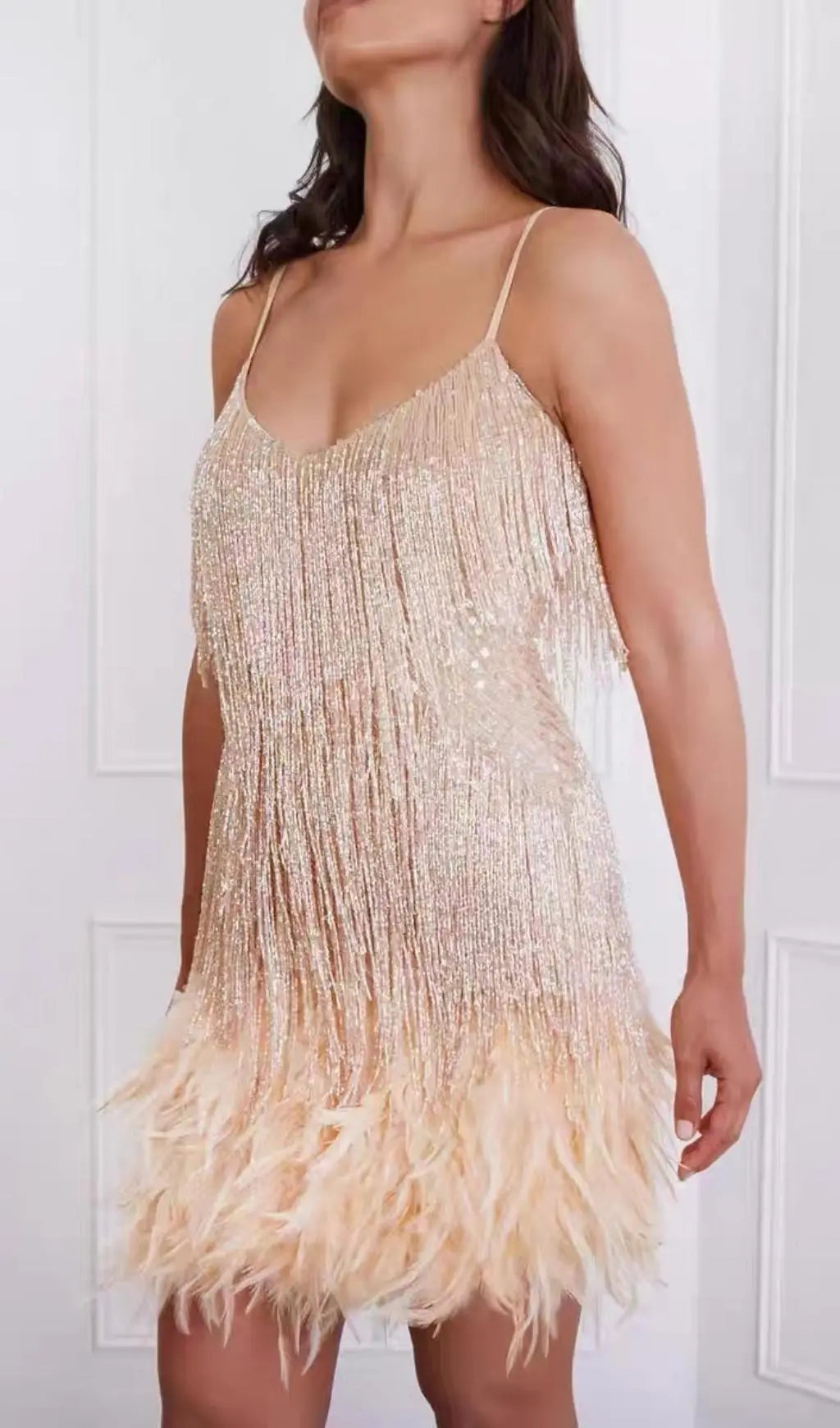 Tassel Feather Mini Dress In Beige