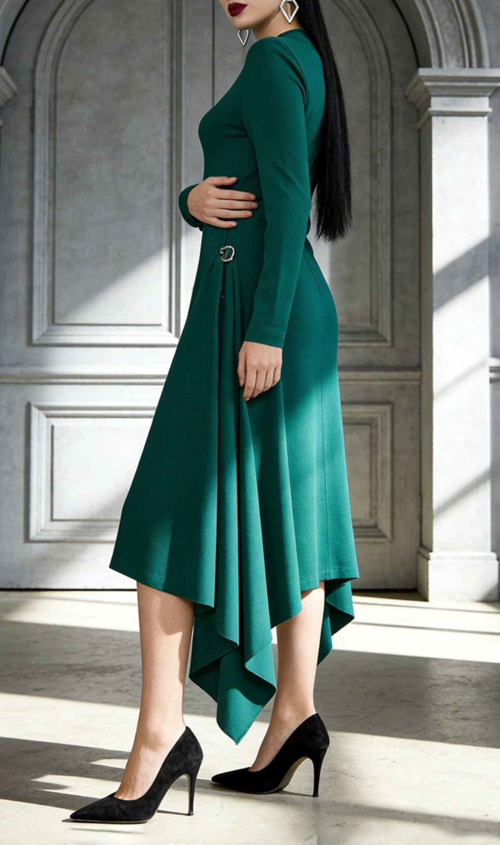 Johnna Emerald Green Asymmetrical Midi Dress - Long Sleeve Sophistication