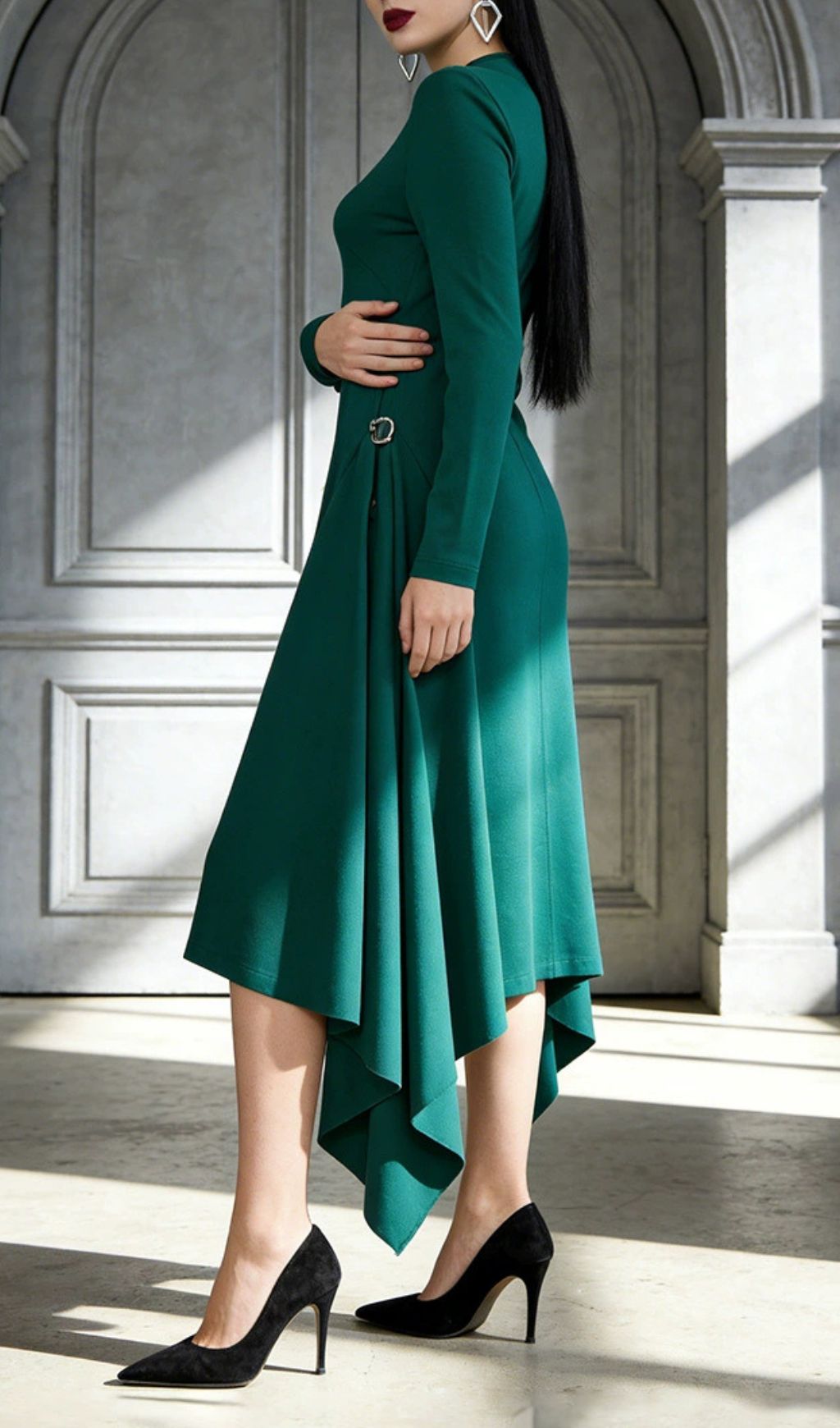Johnna Emerald Green Asymmetrical Midi Dress - Long Sleeve Sophistication