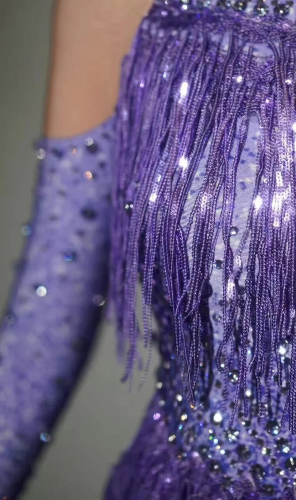 Lakendra Long Sleeve Crystal Fringe Bodysuit In Purple