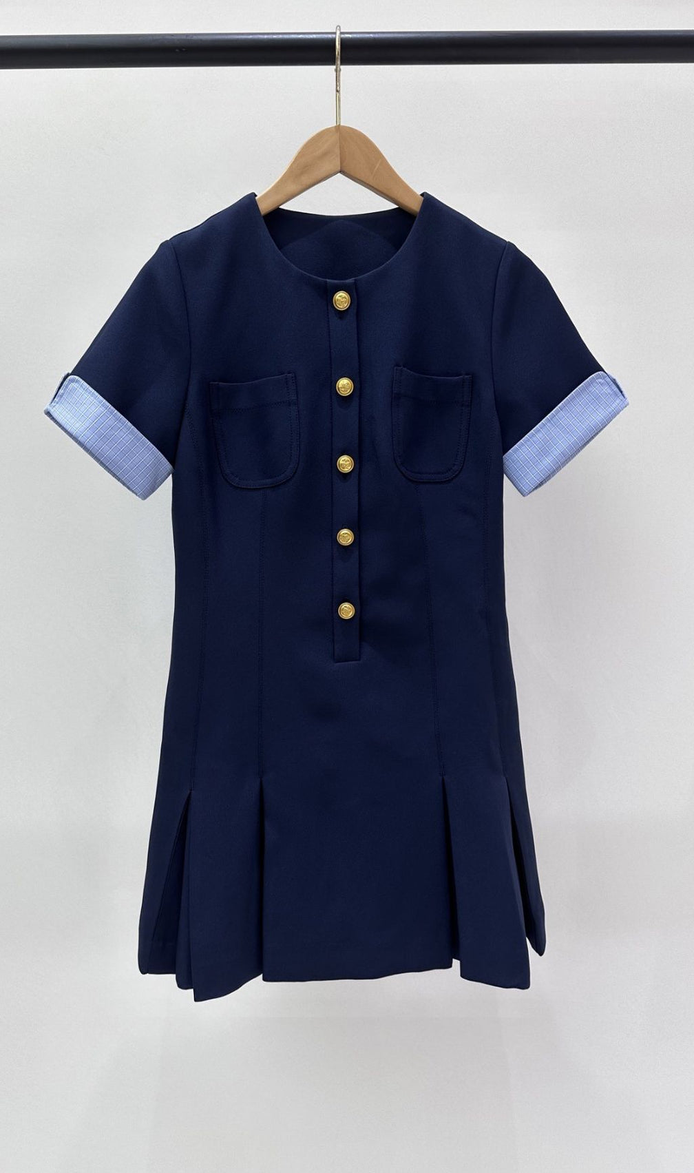 Navy Chic Pleated Mini Dress | Contrast Cuff & Gold Button Detail