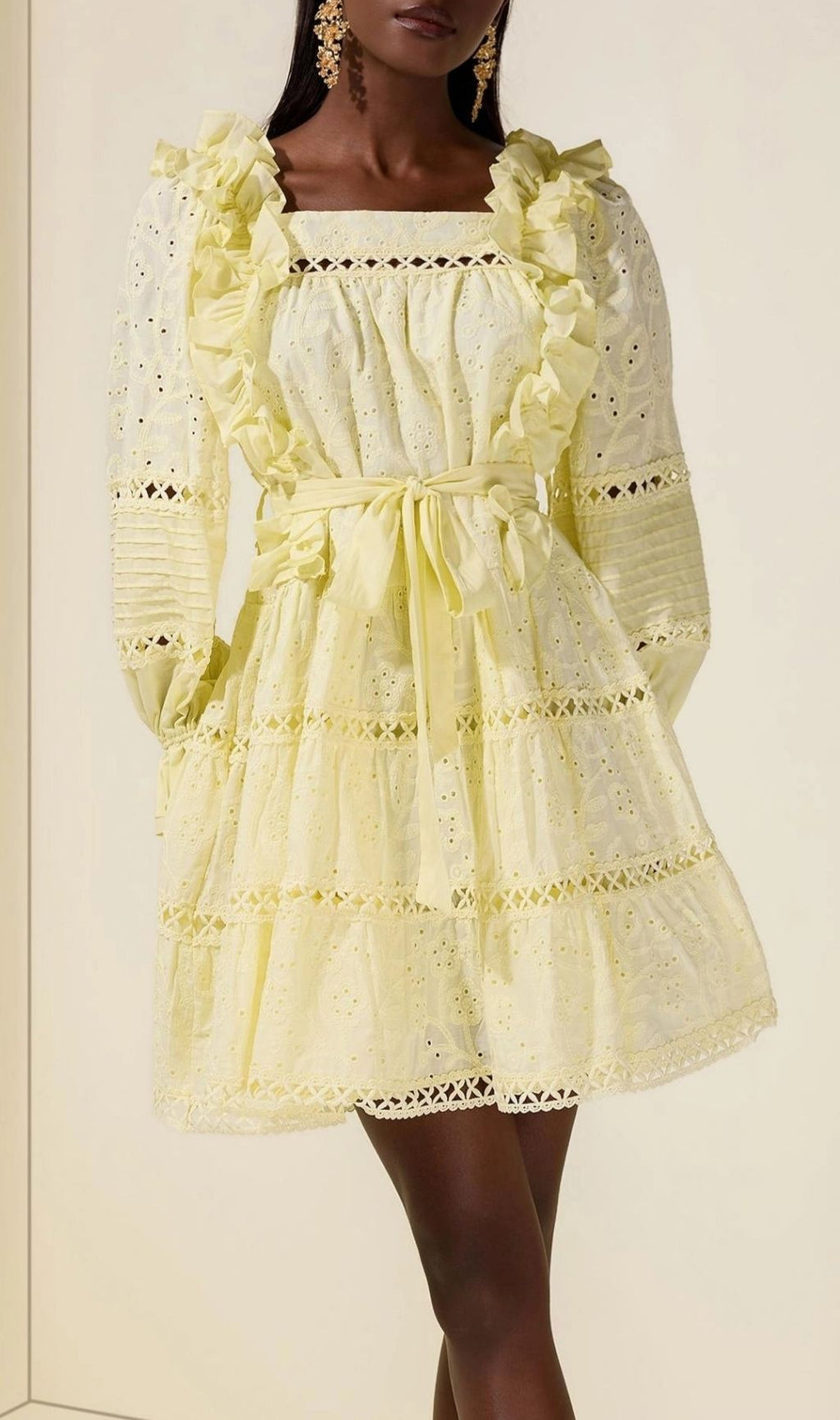 Victoria Embroidered Hollow Ruffle Mini Dress - Yellow