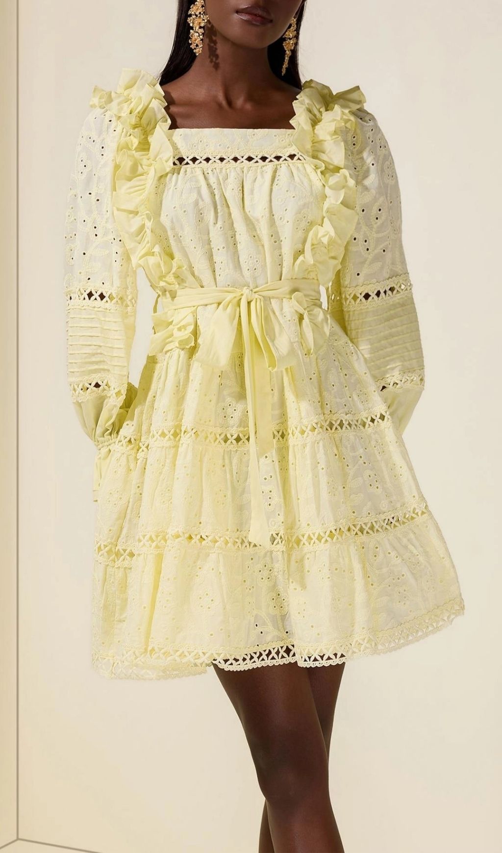 Victoria Embroidered Hollow Ruffle Mini Dress - Yellow