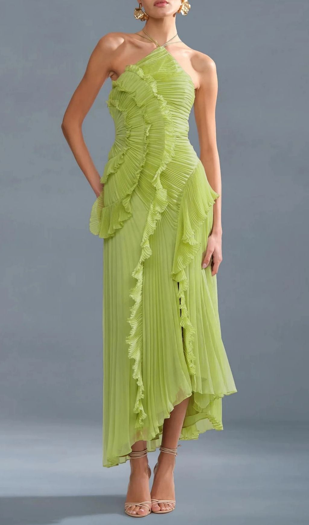 Finneas Matcha Green Halter Pleated Ruffle Maxi Dress - Elegant Resort & Event Gown