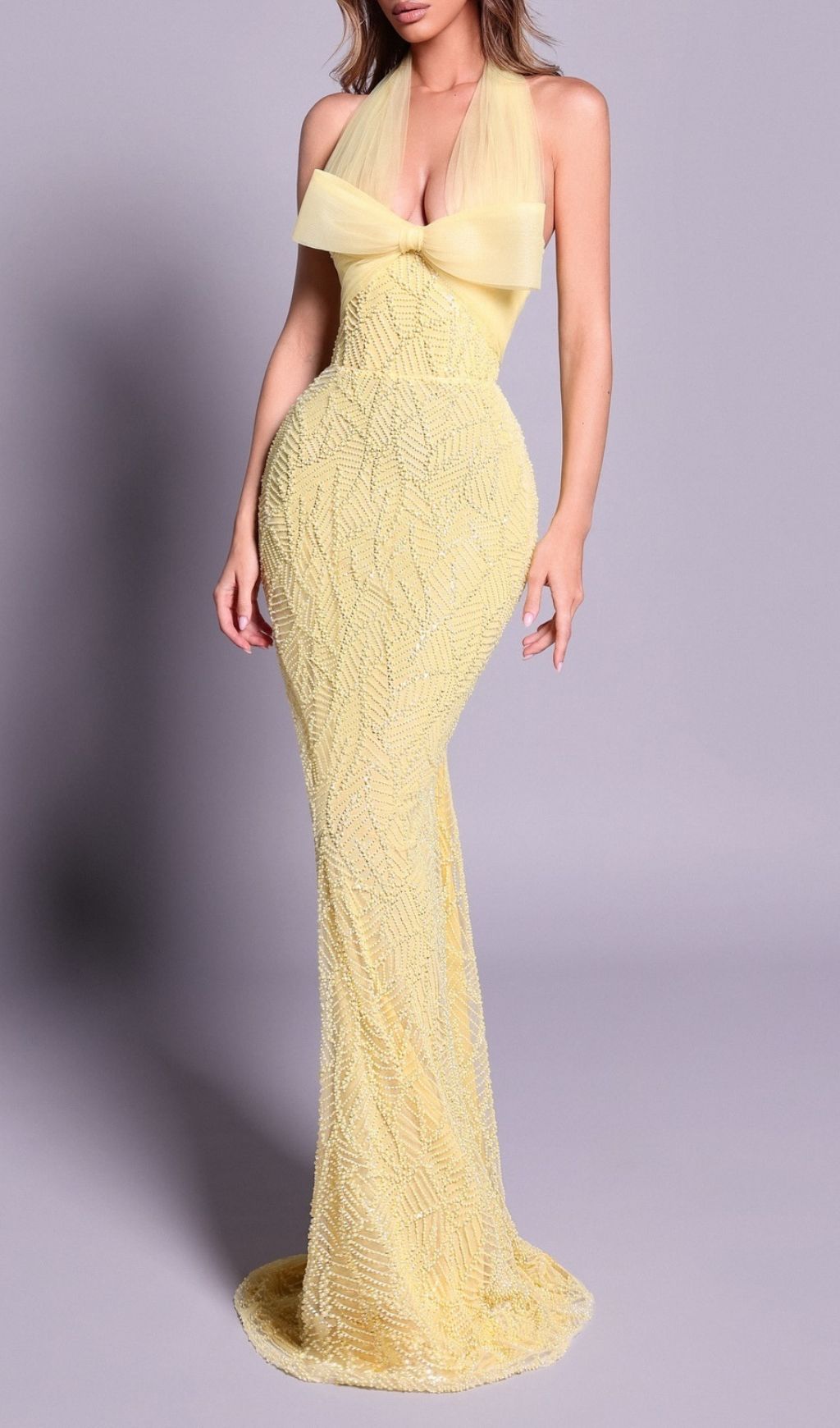 Jermaine Yellow Halter Bow Beaded Maxi Gown | Glamorous Evening & Gala Dress
