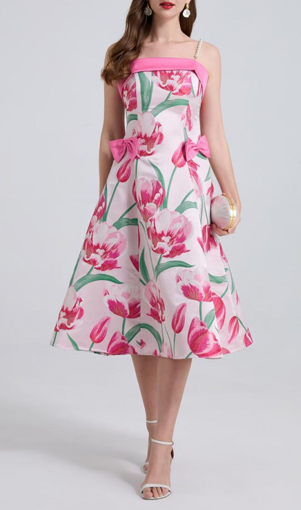 Faylinn Pink Flower Pearl Midi Dress