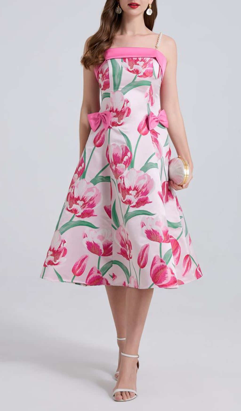 Faylinn Pink Flower Pearl Midi Dress