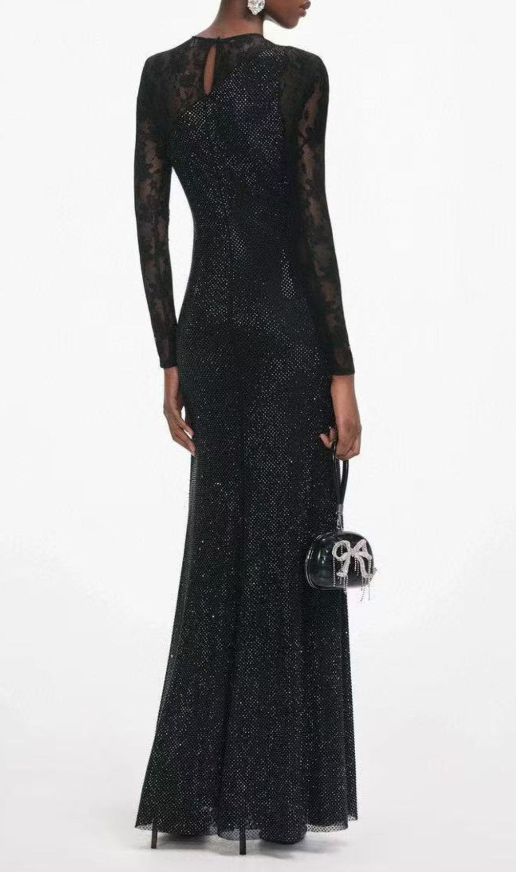 Raerion Dazzling Black Rhinestone Lace Split Maxi Dress