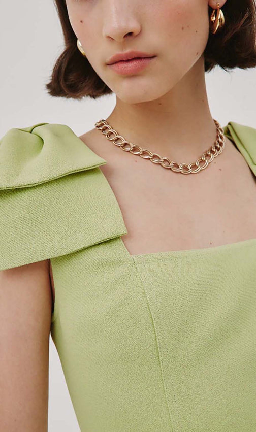 Square Neck Bow Detail Mini Dress In Green
