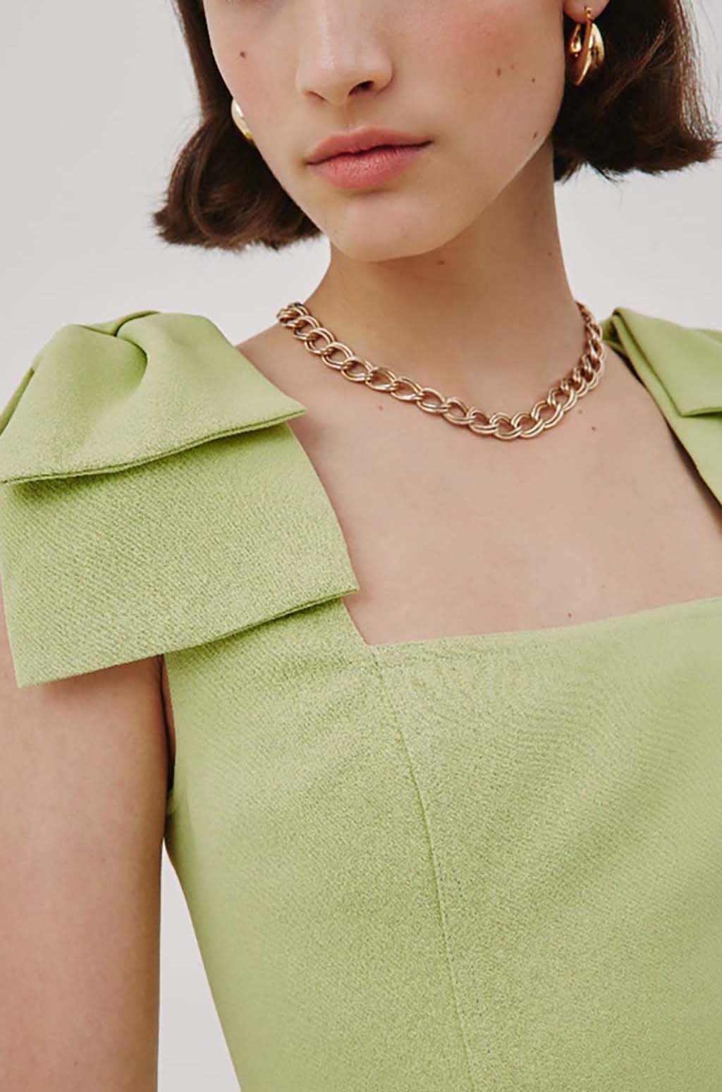 Square Neck Bow Detail Mini Dress In Green