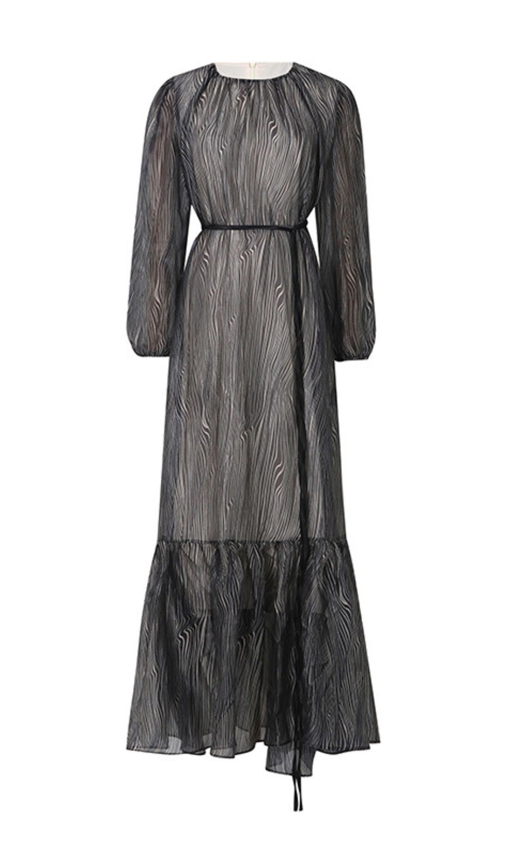 Jennis Black Swirl Print Long Sleeve Tiered Midi Dress