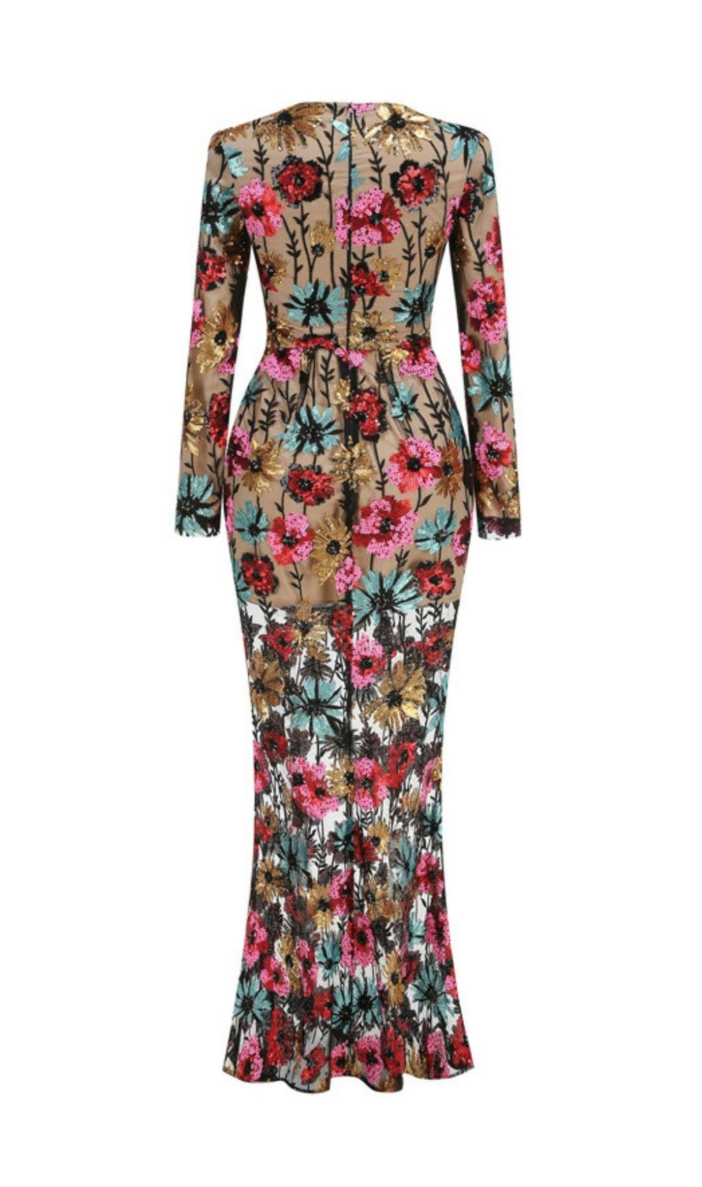 Kaoru Dazzling Sequin Floral Mesh Maxi Dress | Long Sleeve Evening Gown