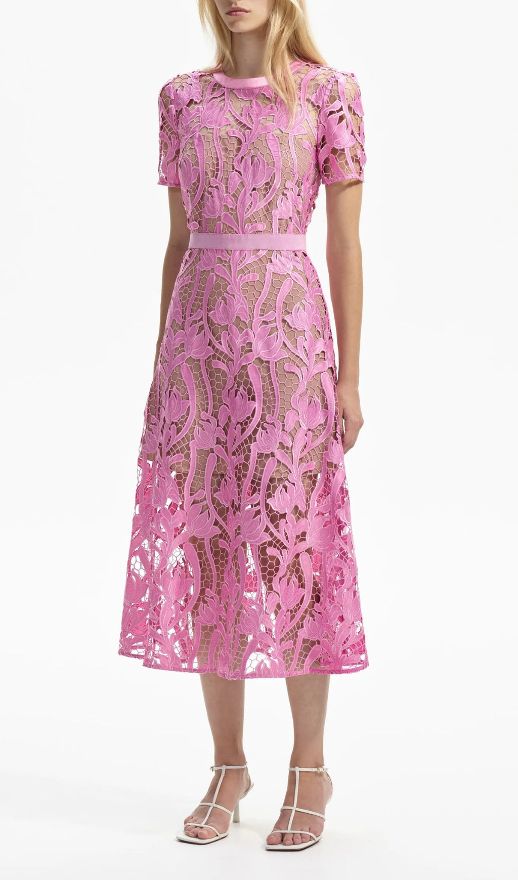Allene Pink Lace Midi Dress