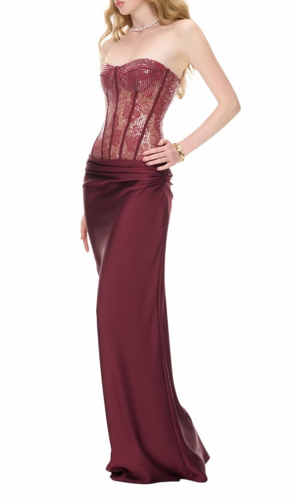 Kawthar Dazzling Red Sequin Corset Maxi Dress - Strapless Evening Gown