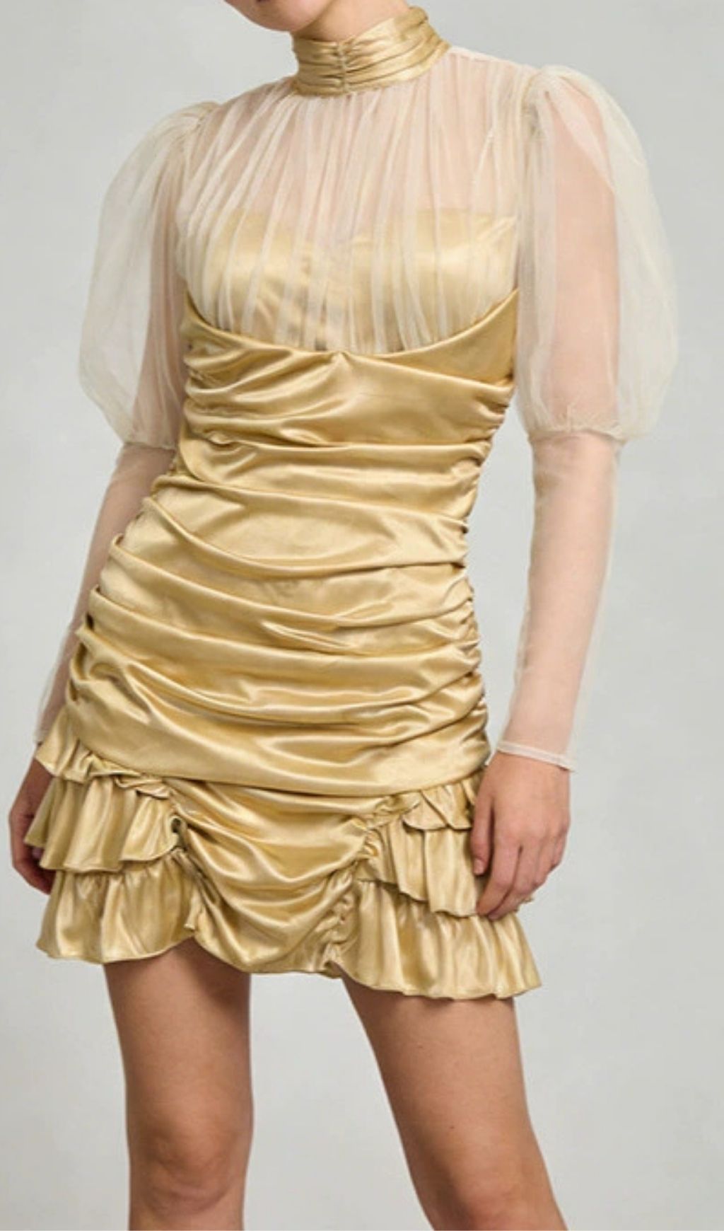 Kerith Glamorous Gold Ruched Mini Dress with Sheer Puff Sleeves