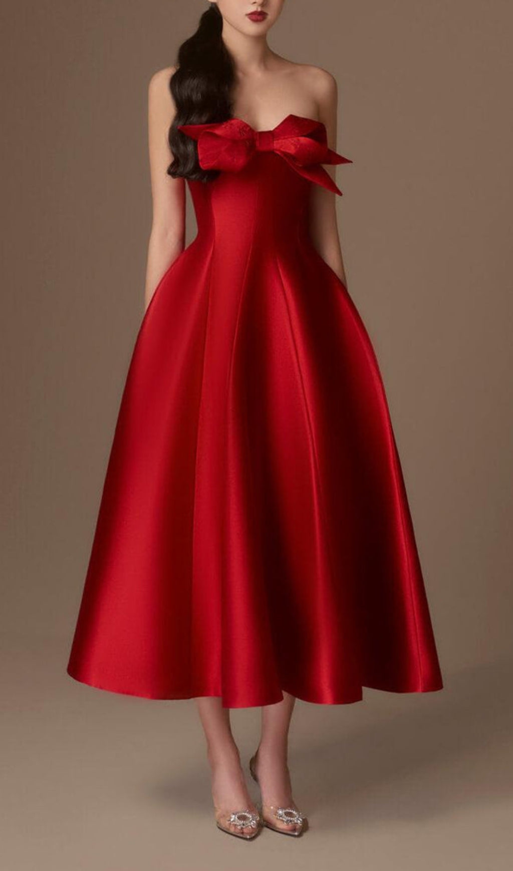 Avani Red Flared Semi-Heart Neck Taffeta Dress
