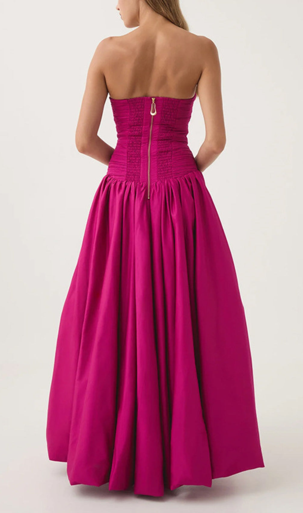 Strapless Ruched Puff Maxi Dress Hot Pink