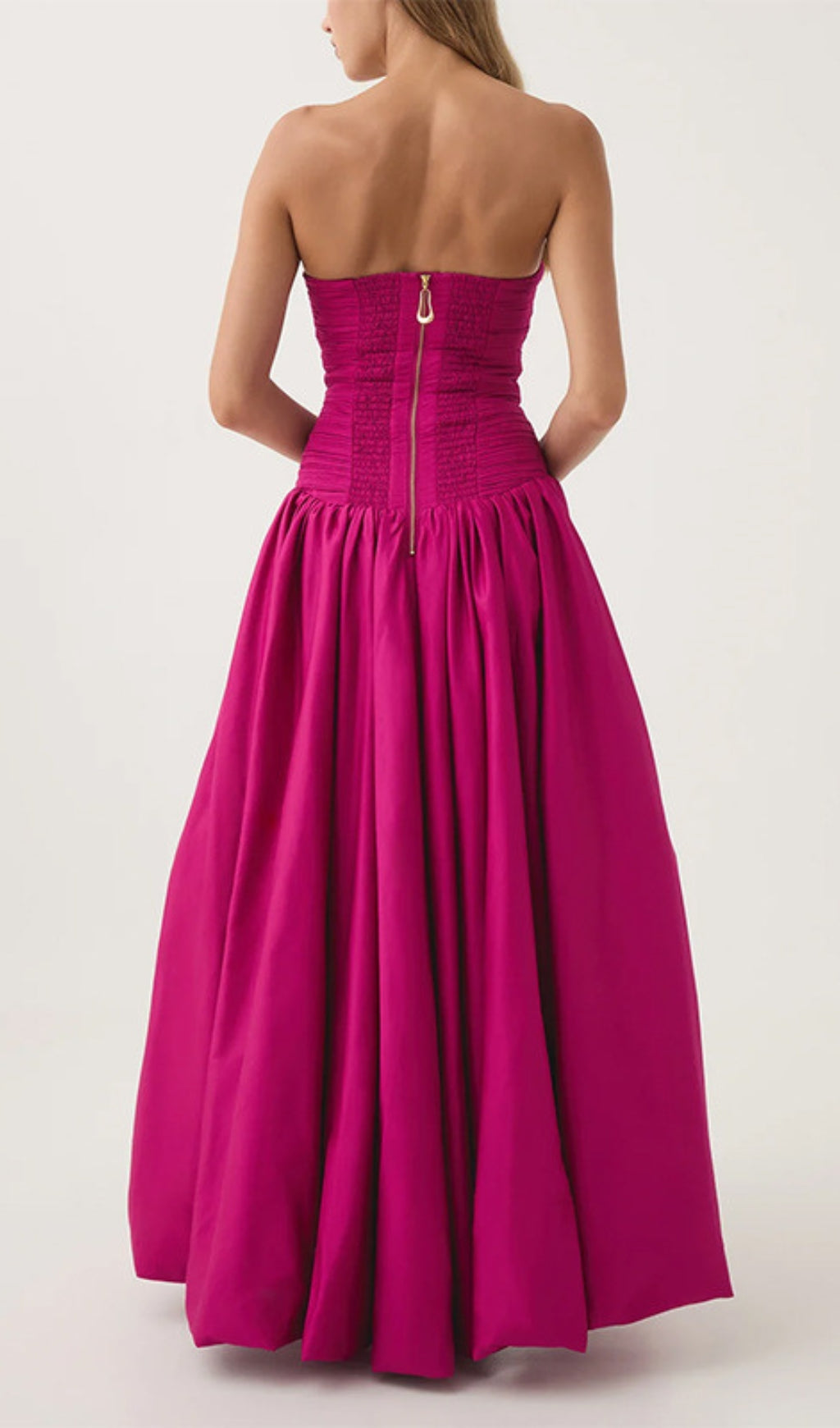 Strapless Ruched Puff Maxi Dress Hot Pink