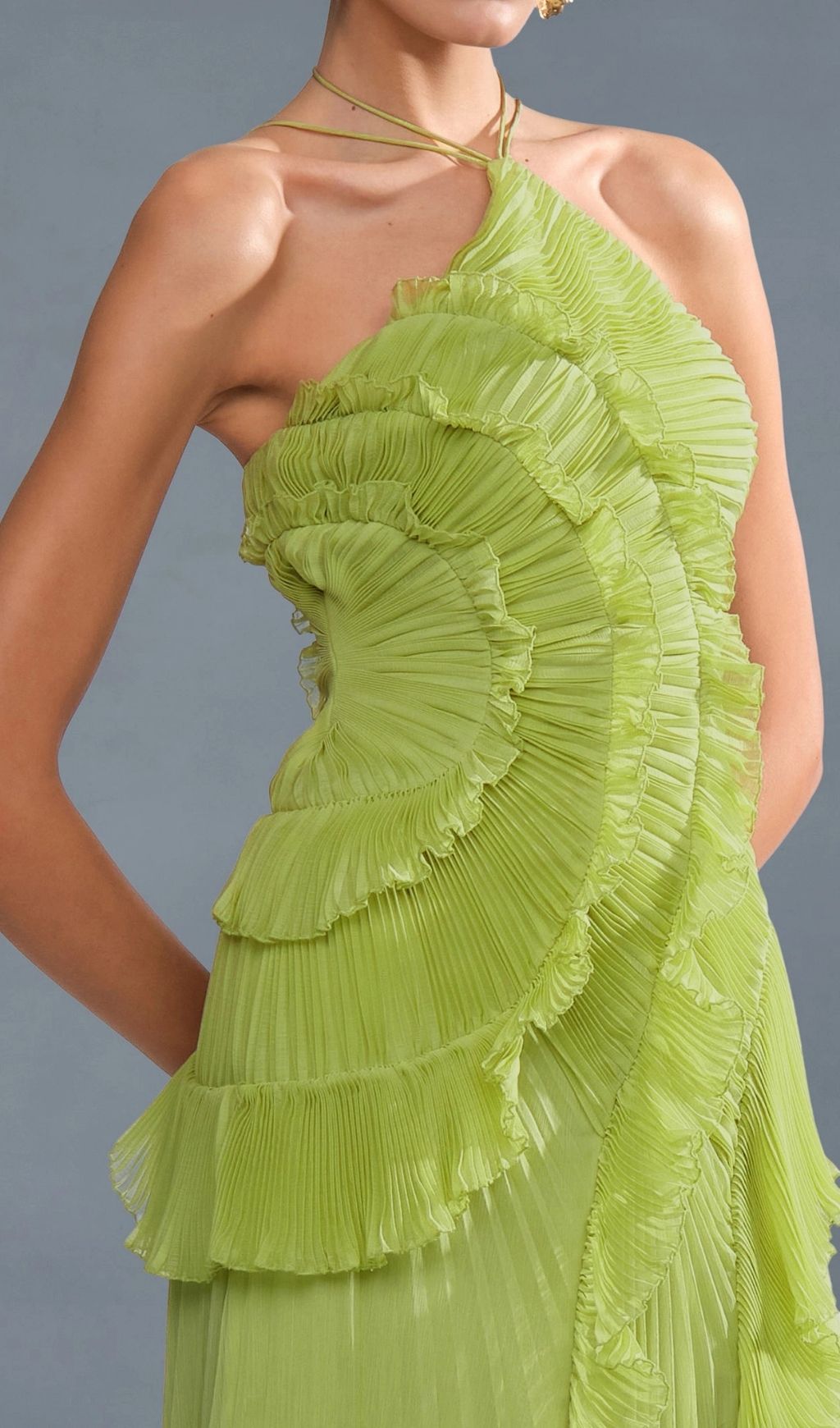 Finneas Matcha Green Halter Pleated Ruffle Maxi Dress - Elegant Resort & Event Gown