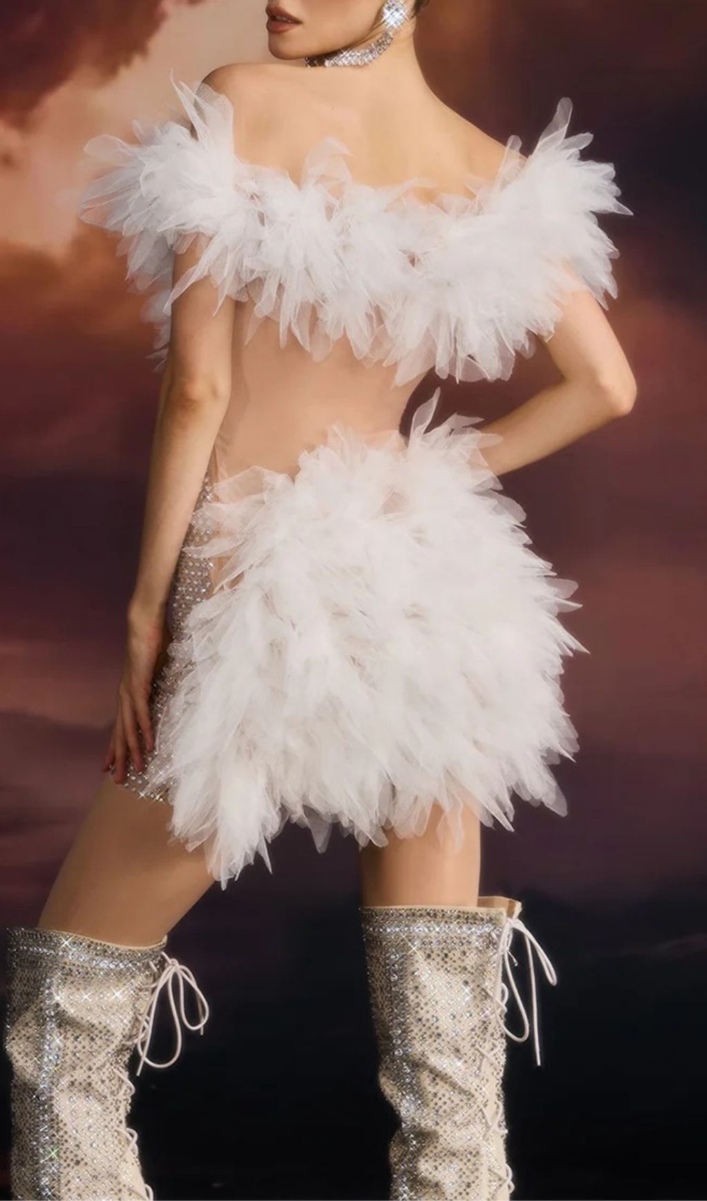 Elizaveta Glamorous Off-Shoulder Rhinestone & Feather Tulle Mini Dress