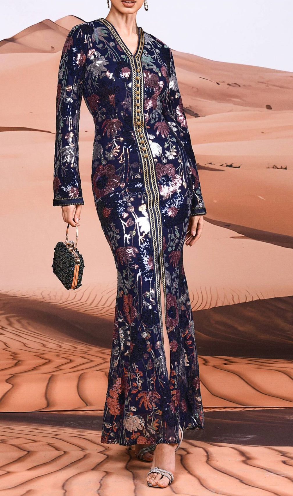 Cruella Flower Sequin Long Sleeve Maxi Dress