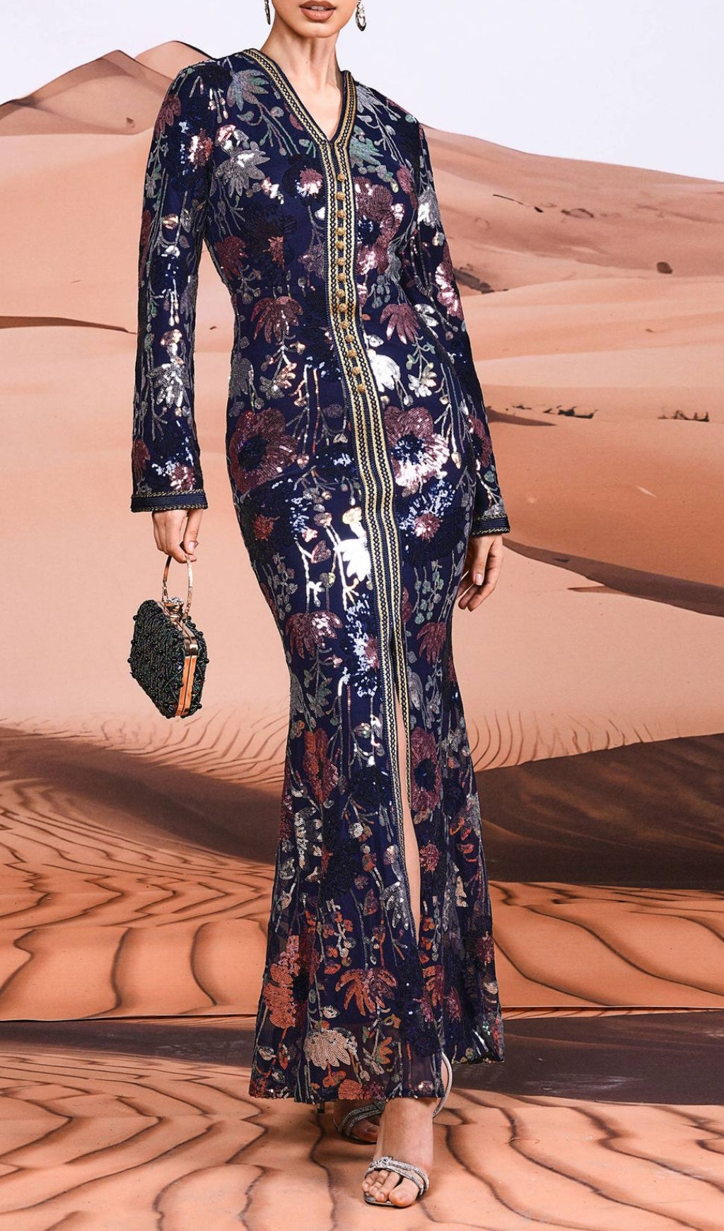 Cruella Flower Sequin Long Sleeve Maxi Dress