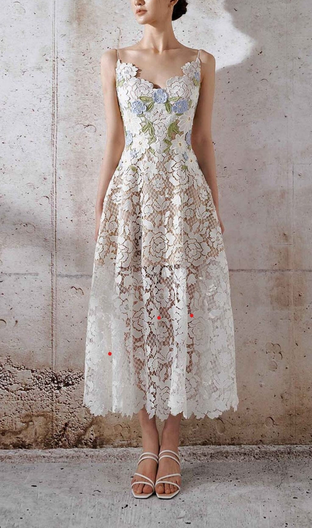 Roses Lace A-Line Midi Dress In White