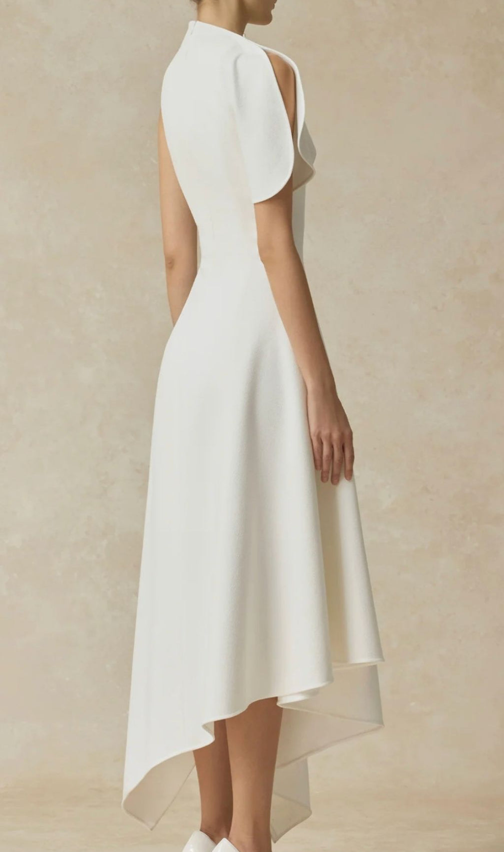 Kessie Chic White Asymmetrical Hem High-Neck Maxi Dress with Draped Shoulder