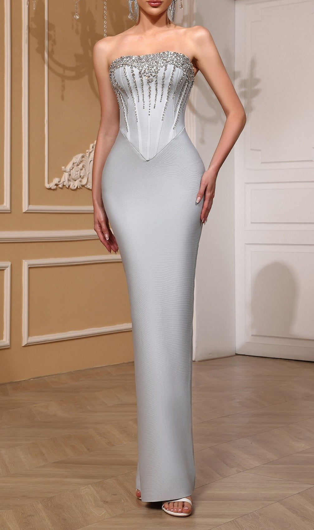 Kellyn Dazzling Grey Diamante Strapless Bandage Maxi Dress