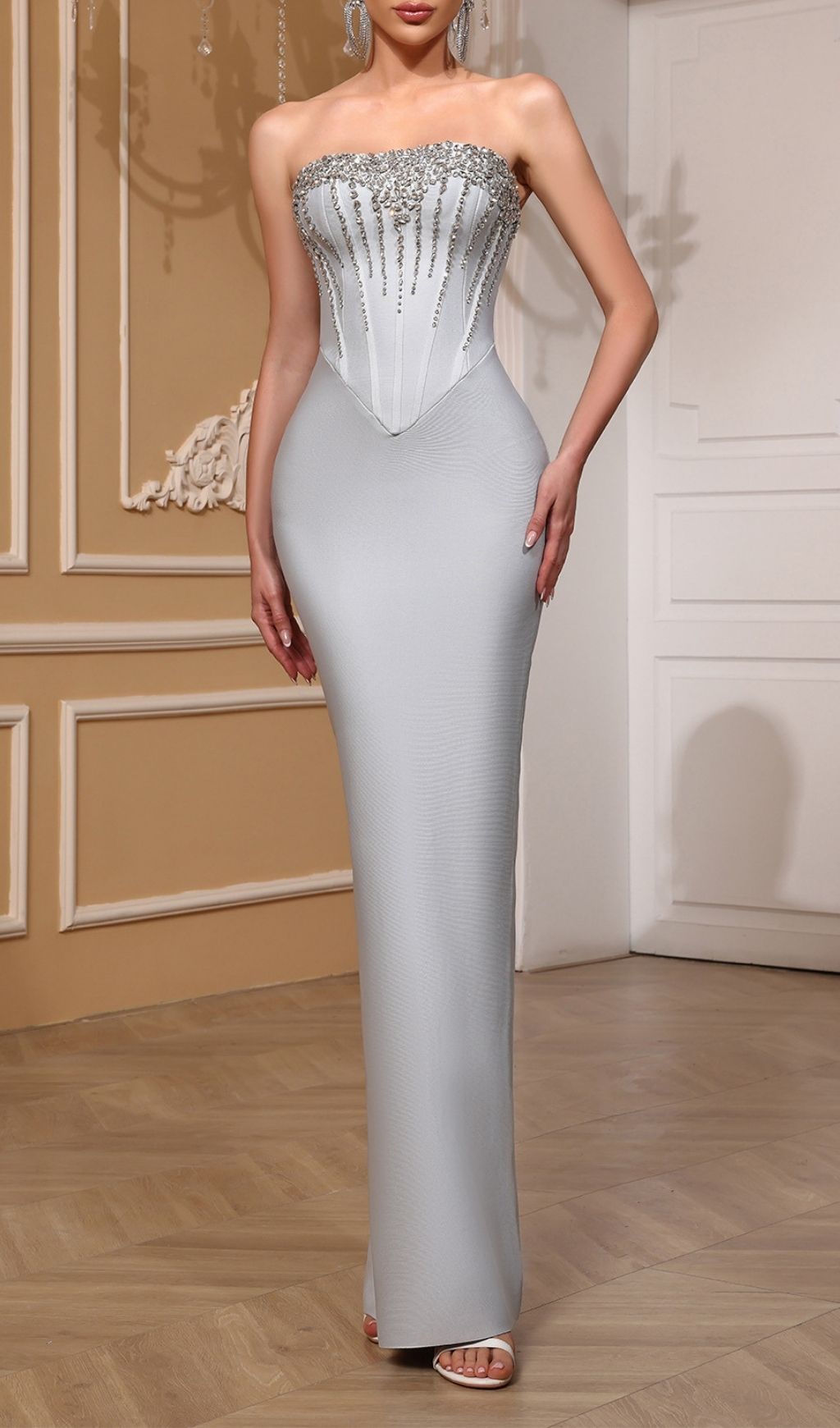 Kellyn Dazzling Grey Diamante Strapless Bandage Maxi Dress
