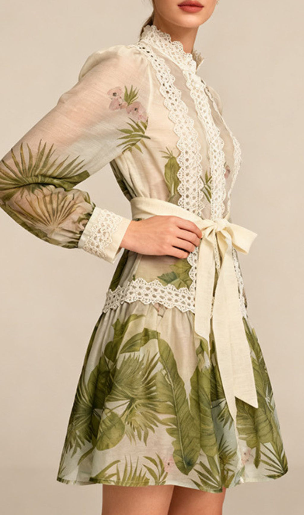 Justina Tropical Charm Mini Dress: Chic Lace & Long Sleeve Style