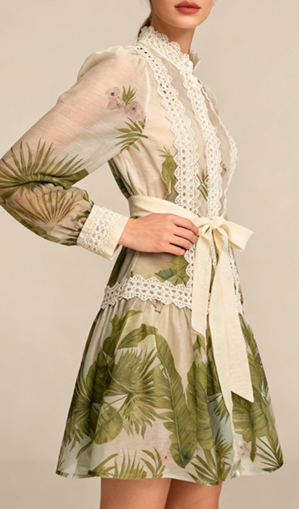 Justina Tropical Charm Mini Dress: Chic Lace & Long Sleeve Style