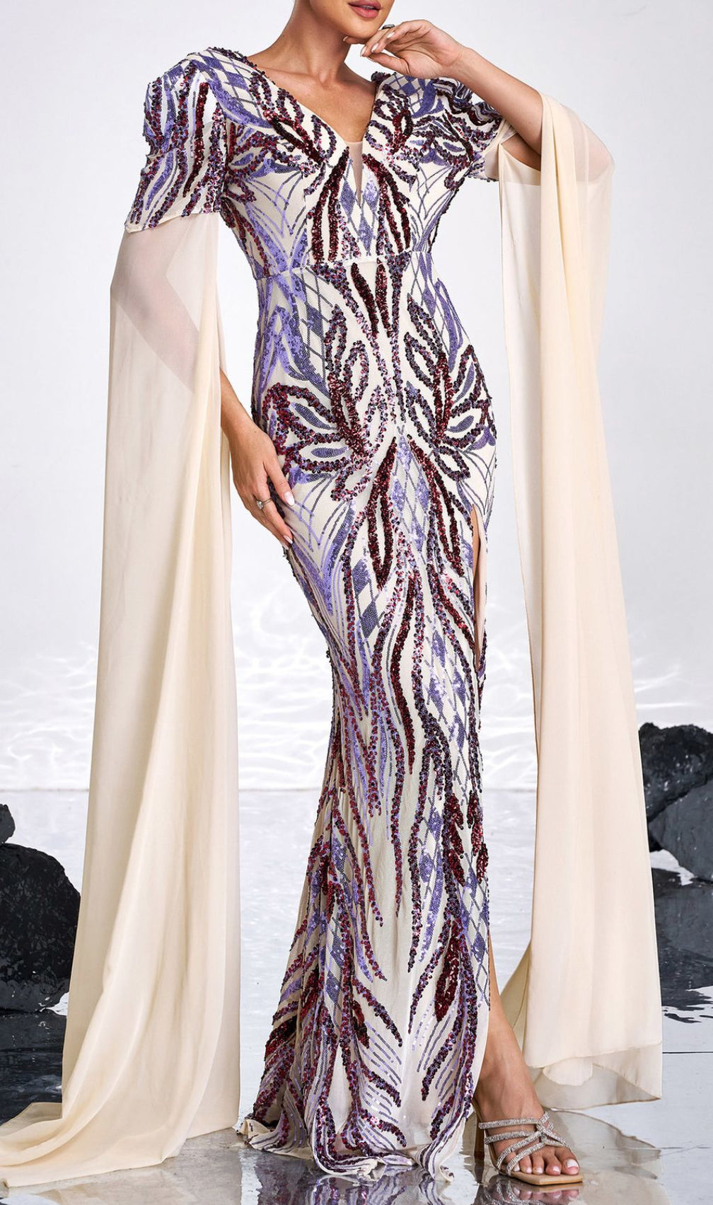 Dazzling Sequin & Cape Slit Maxi Gown - Evening & Formal Wear