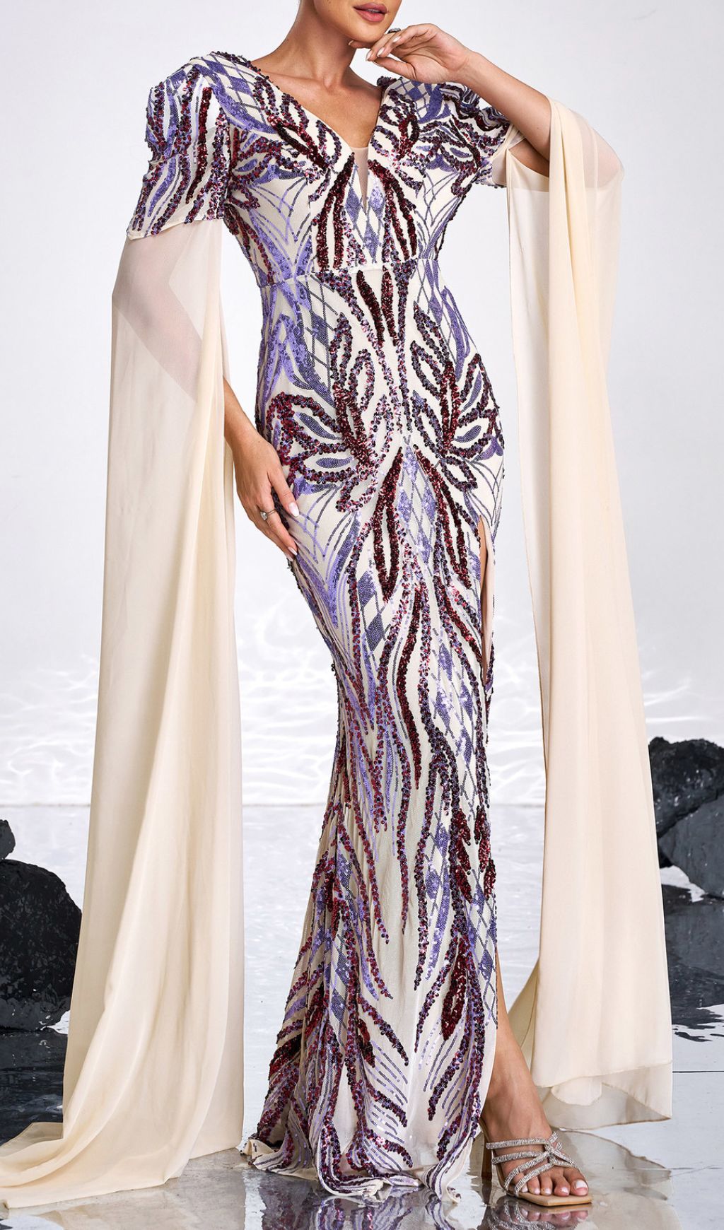 Dazzling Sequin & Cape Slit Maxi Gown - Evening & Formal Wear
