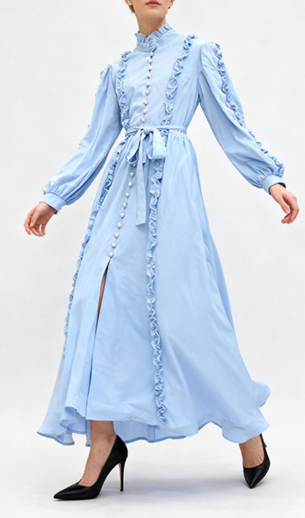 Iria Blue Ruffled Maxi Dress - Elegant Long Sleeve Formal Gown with Pearl Buttons