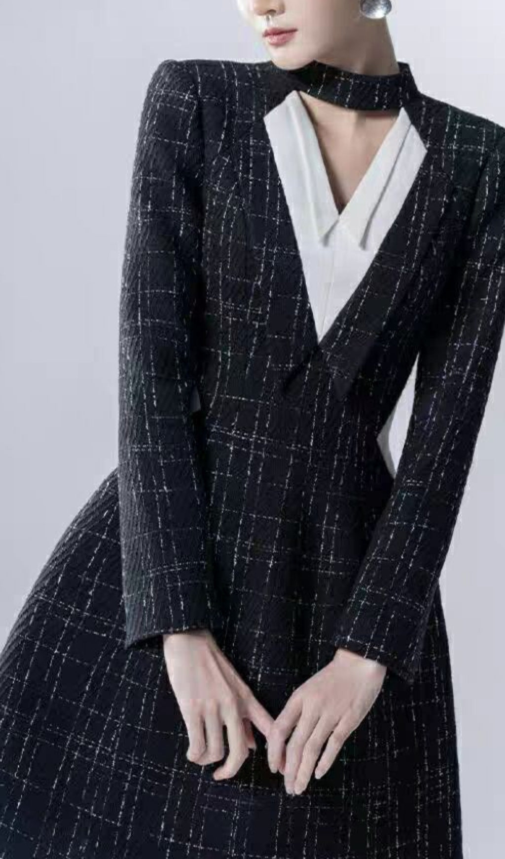 Halter V-Neck A-Line Jacket Dress In Black