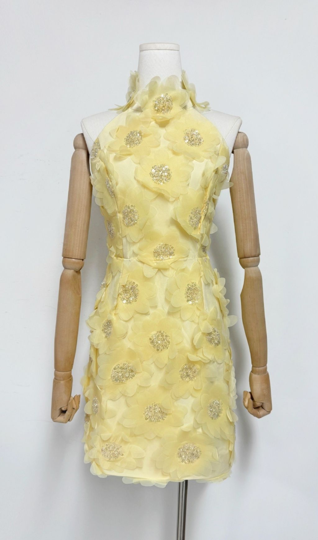 Radiant Pavryn Yellow Halterneck Sequin Flower Mini Dress