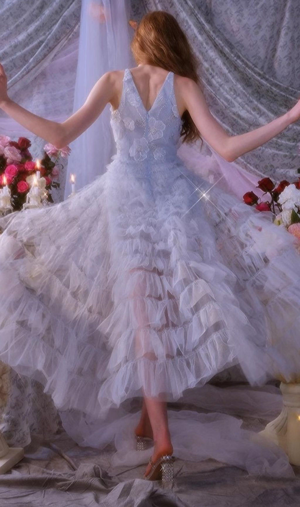 Fedella Flower Sequin Beaded Mesh Maxi Dress