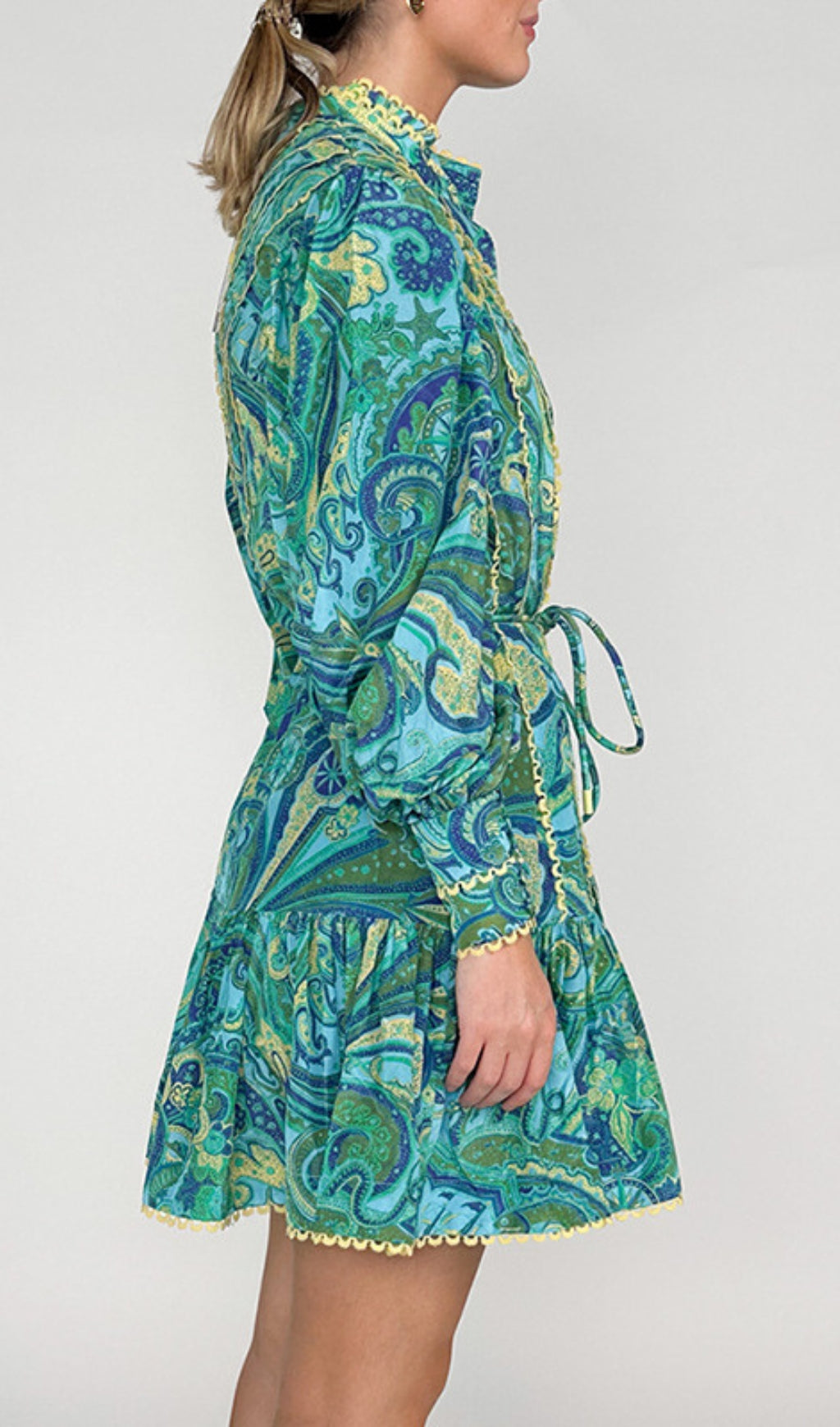 Bull Green Printed Long Sleeve Mini Dress